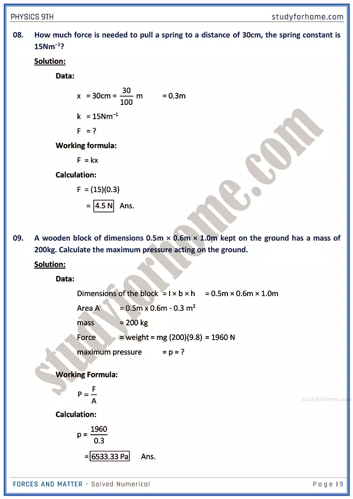 forces and matter solved numerical physics class 9th 09