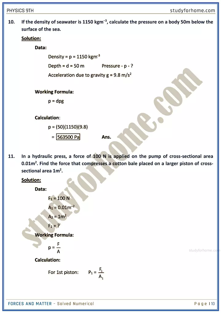 forces and matter solved numerical physics class 9th 10