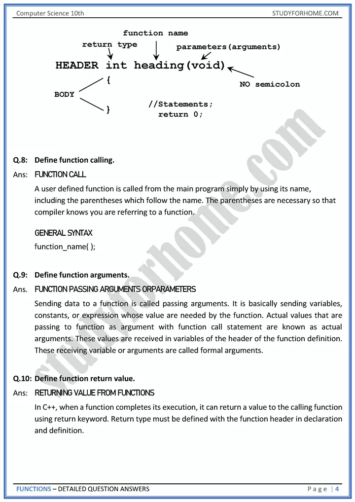 functions detailed question answers computer science class 10th 04