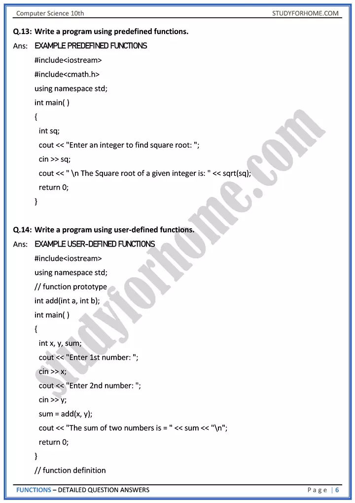 functions detailed question answers computer science class 10th 06