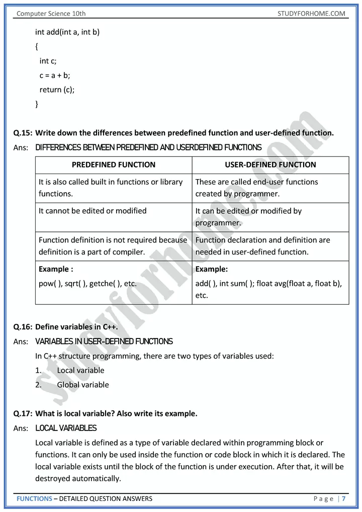 functions detailed question answers computer science class 10th 07