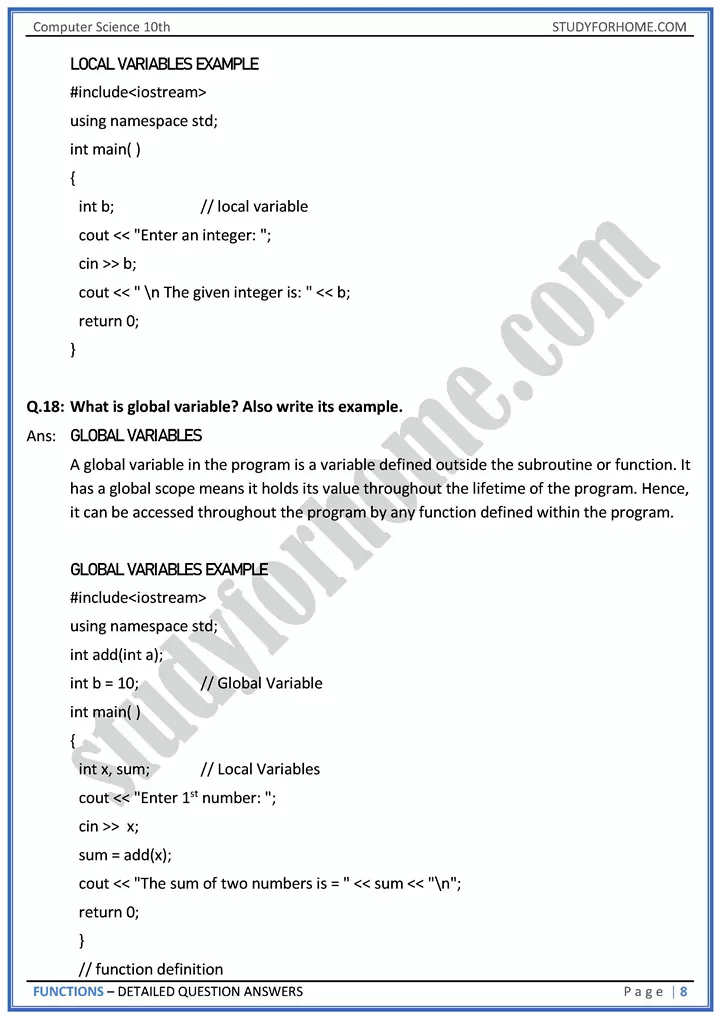 functions detailed question answers computer science class 10th 08