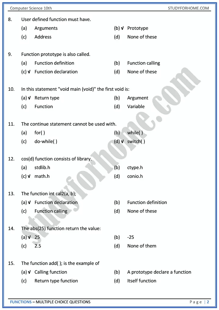 functions multiple choice questions computer science class 10th 02