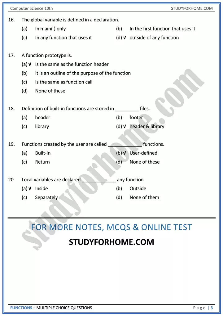 functions multiple choice questions computer science class 10th 03