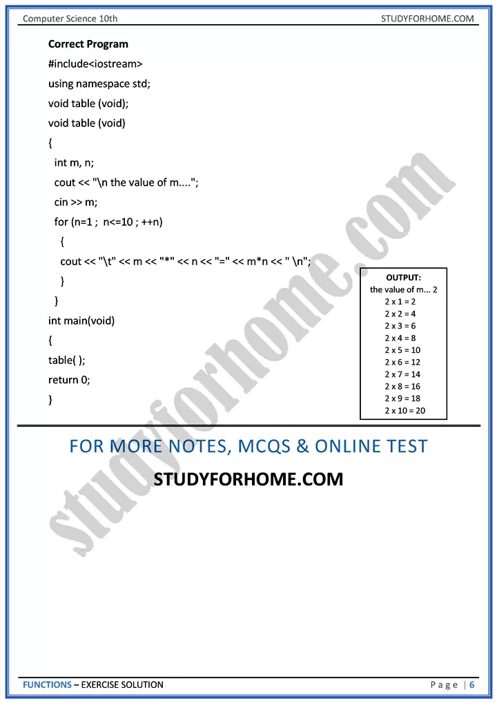 functions solution of book exercise computer science class 10th 06