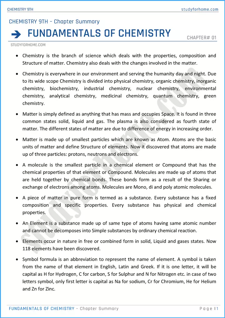 fundamentals of chemistry chapter summary chemistry class 9th 01