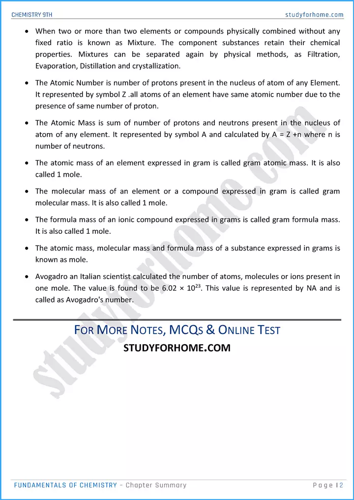 fundamentals of chemistry chapter summary chemistry class 9th 02