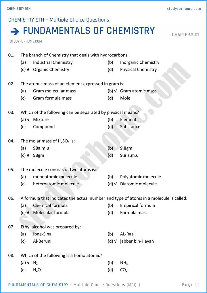 fundamentals of chemistry multiple choice questions chemistry class 9th 01