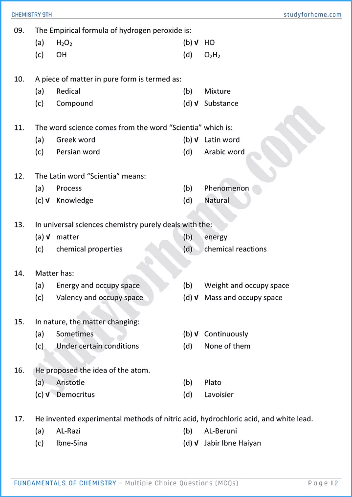 fundamentals of chemistry multiple choice questions chemistry class 9th 02