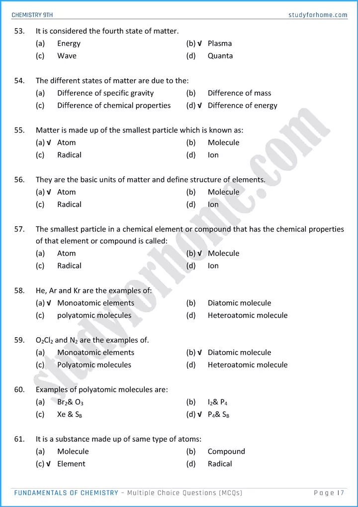 fundamentals of chemistry multiple choice questions chemistry class 9th 07