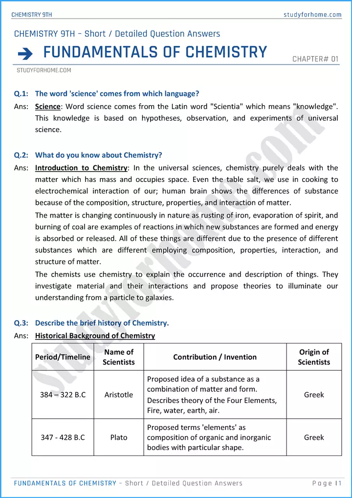 fundamentals of chemistry short and detailed question answers chemistry class 9th 01