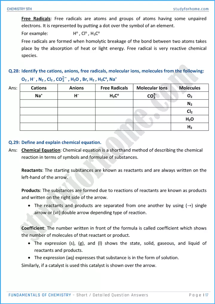 fundamentals of chemistry short and detailed question answers chemistry class 9th 17