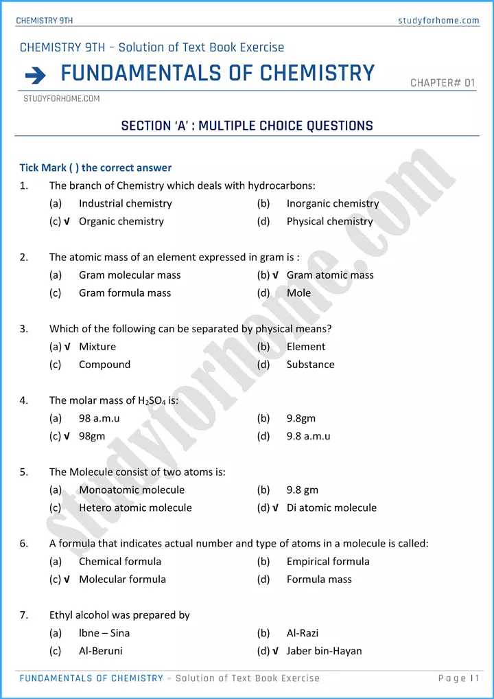 fundamentals of chemistry solution of text book exercise chemistry class 9th 01