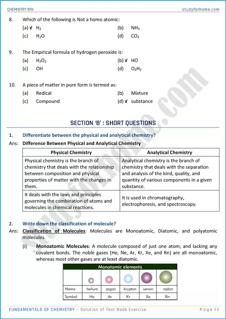 fundamentals of chemistry solution of text book exercise chemistry class 9th 02