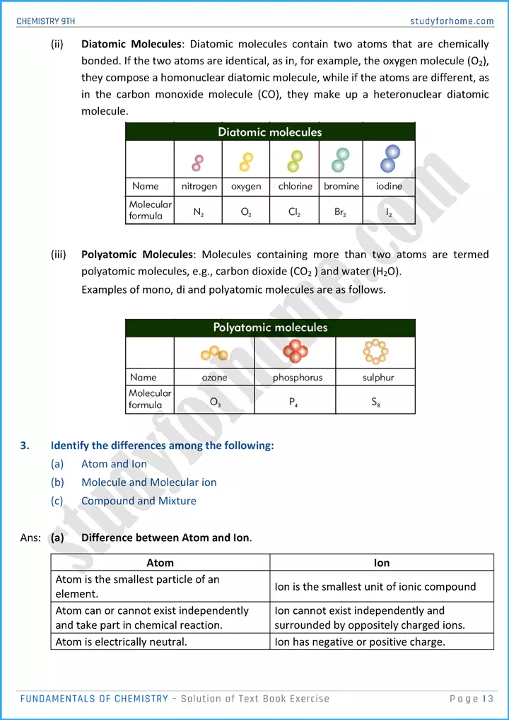 fundamentals of chemistry solution of text book exercise chemistry class 9th 03