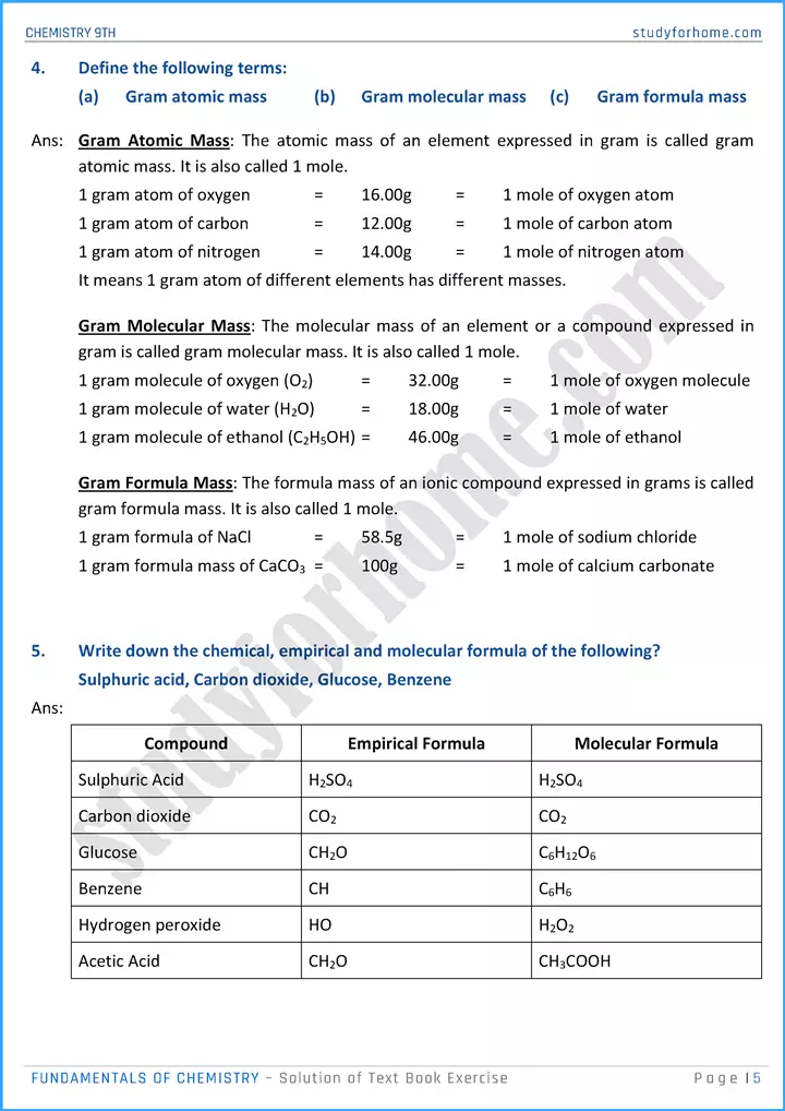 fundamentals of chemistry solution of text book exercise chemistry class 9th 05