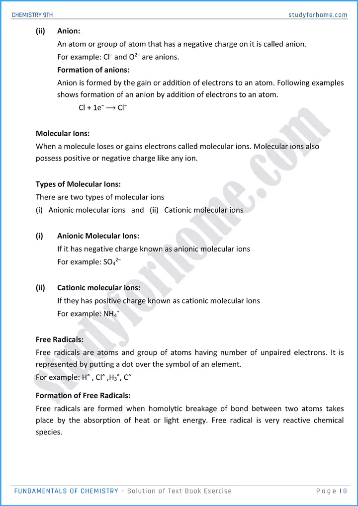 fundamentals of chemistry solution of text book exercise chemistry class 9th 08