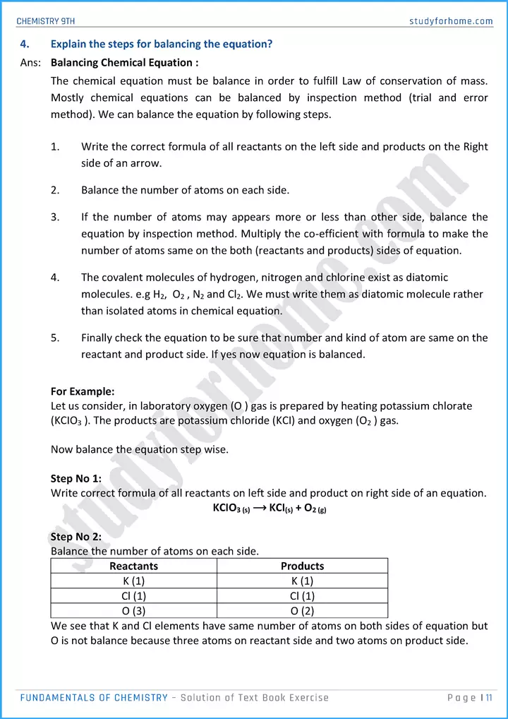 fundamentals of chemistry solution of text book exercise chemistry class 9th 11