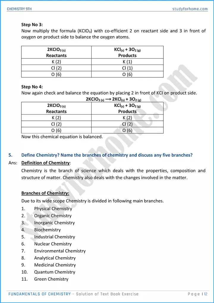 fundamentals of chemistry solution of text book exercise chemistry class 9th 12