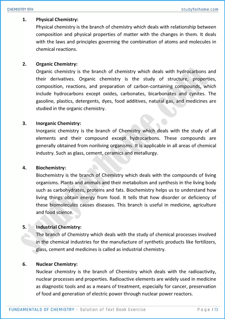 fundamentals of chemistry solution of text book exercise chemistry class 9th 13