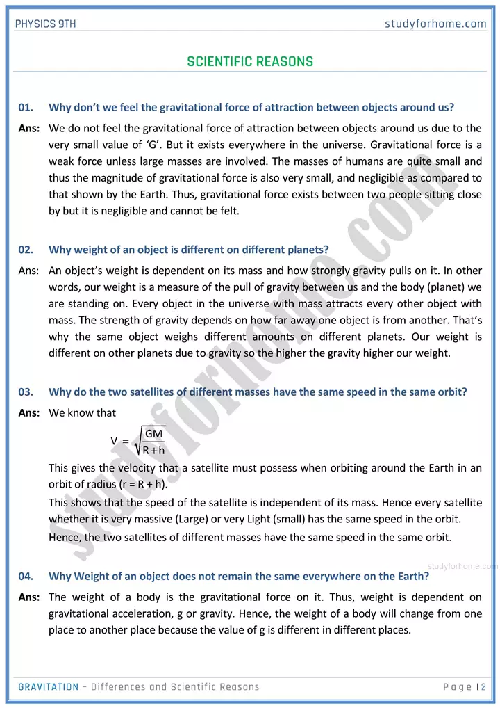 gravitation differences and scientific reasons physics class 9th 02