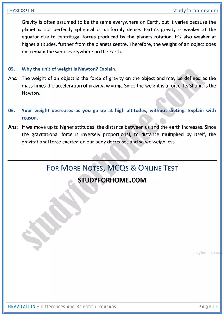 gravitation differences and scientific reasons physics class 9th 03