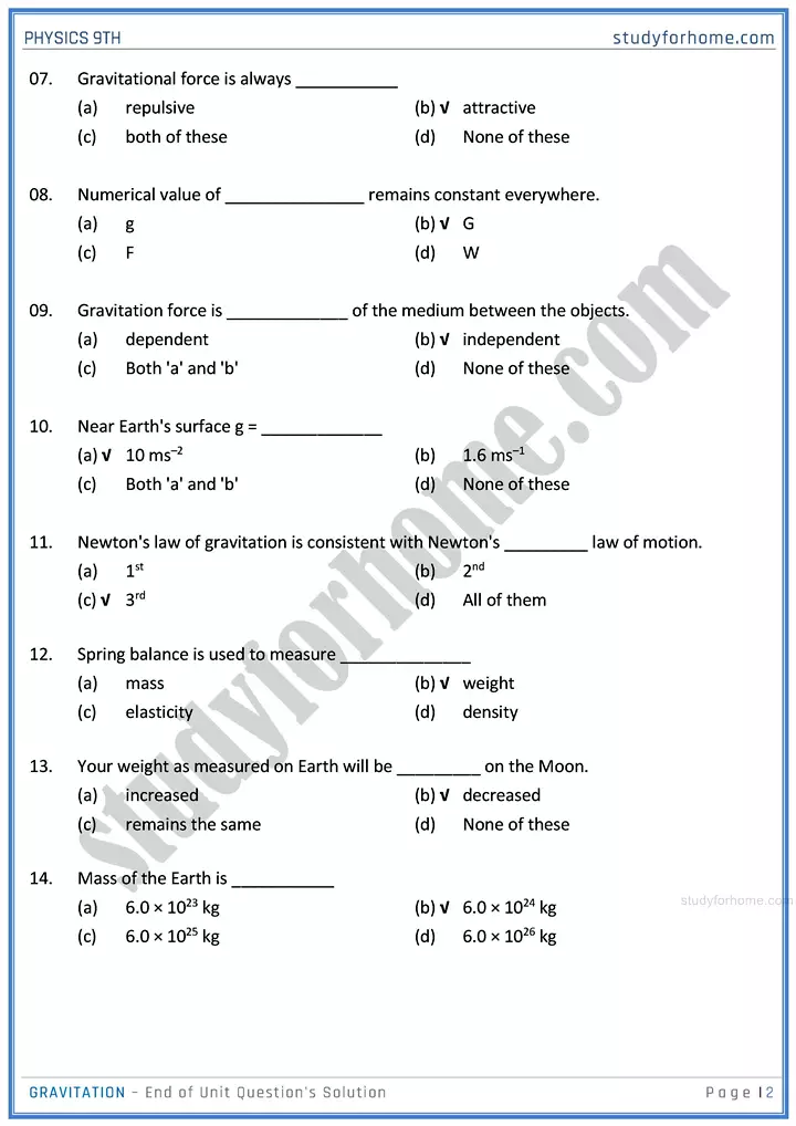 gravitation end of unit questions solution physics class 9th 02