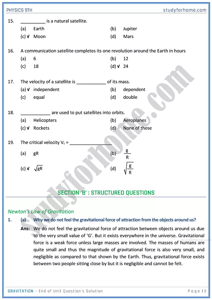 gravitation end of unit questions solution physics class 9th 03