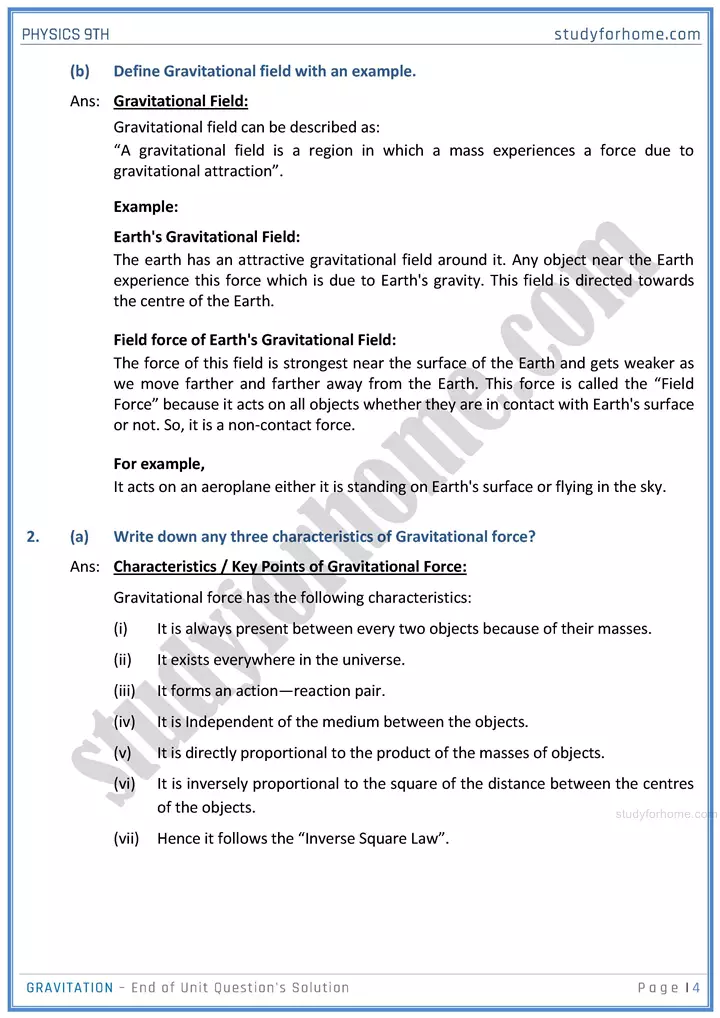 gravitation end of unit questions solution physics class 9th 04