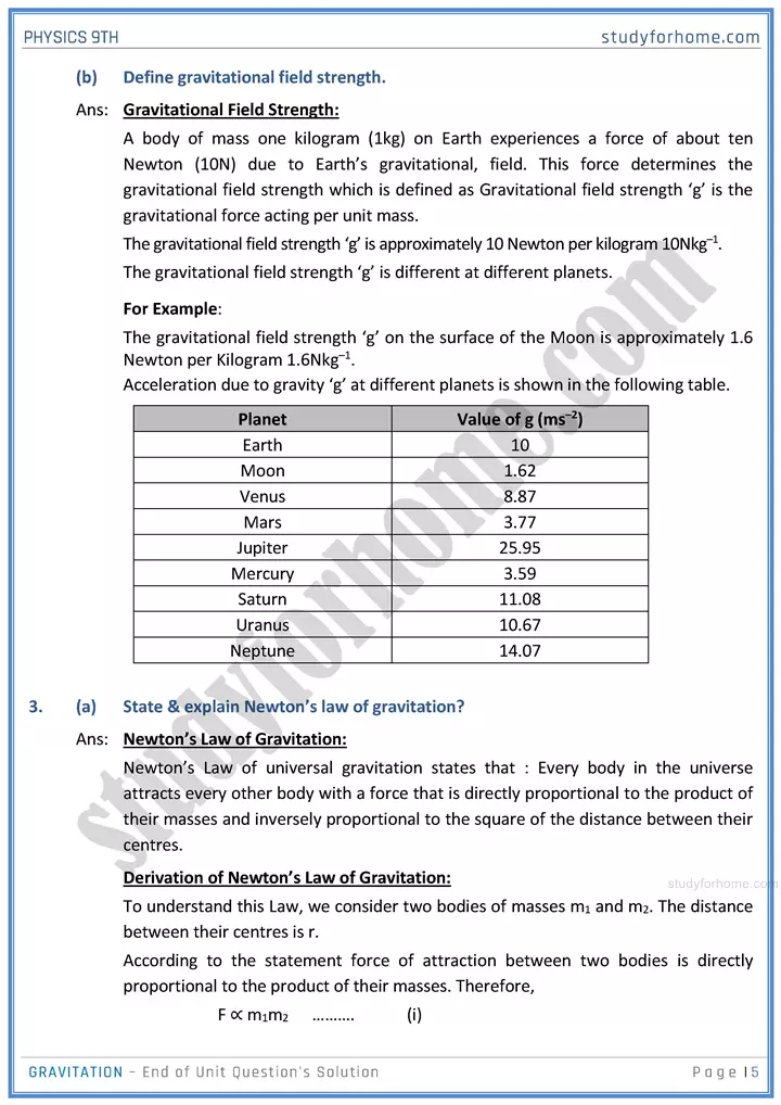 gravitation end of unit questions solution physics class 9th 05