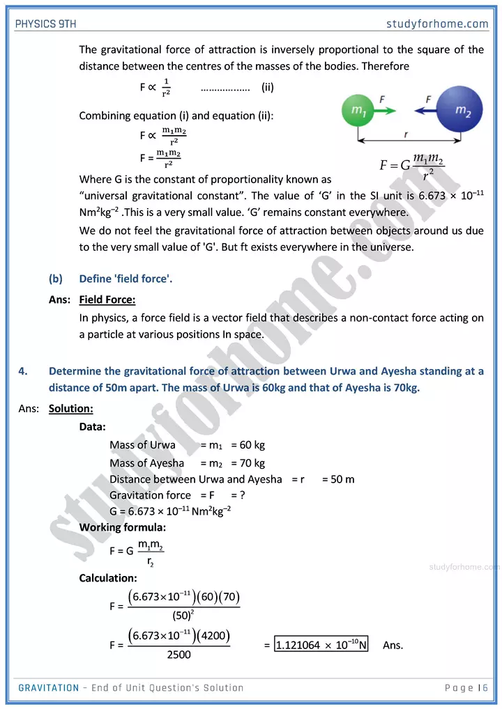 gravitation end of unit questions solution physics class 9th 06