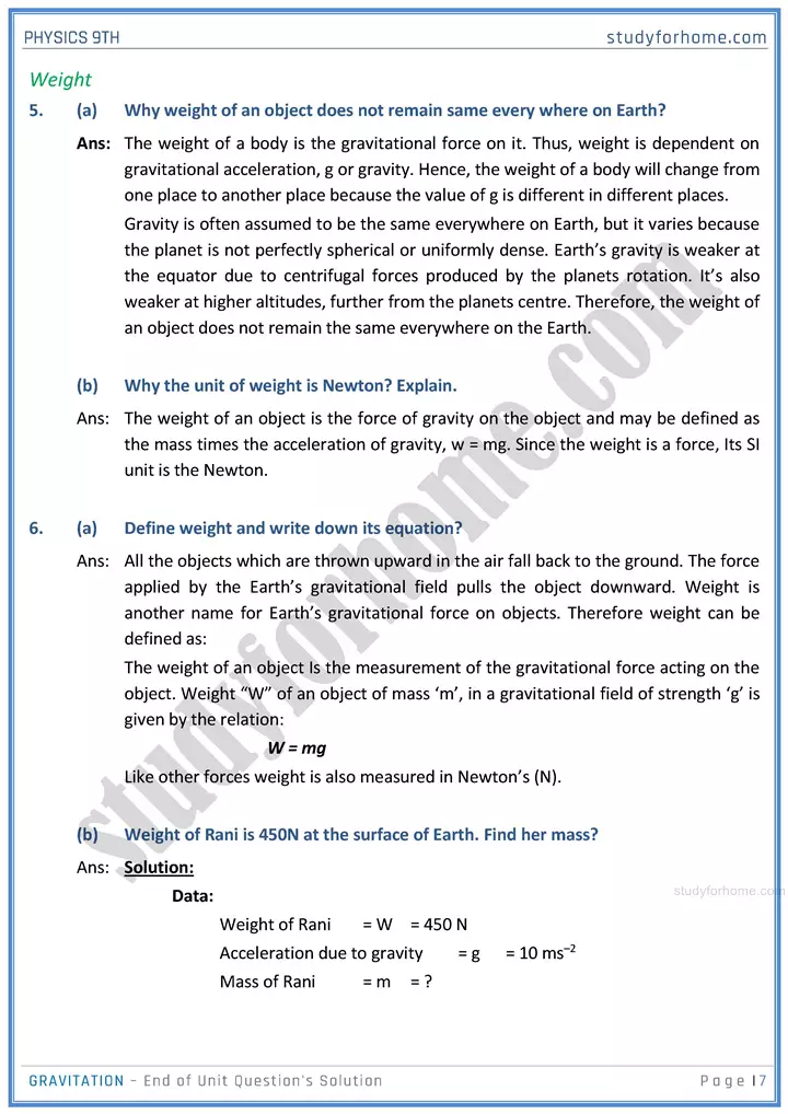 gravitation end of unit questions solution physics class 9th 07