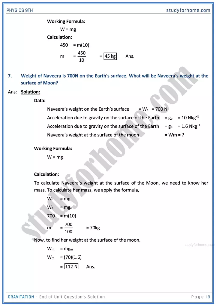 gravitation end of unit questions solution physics class 9th 08