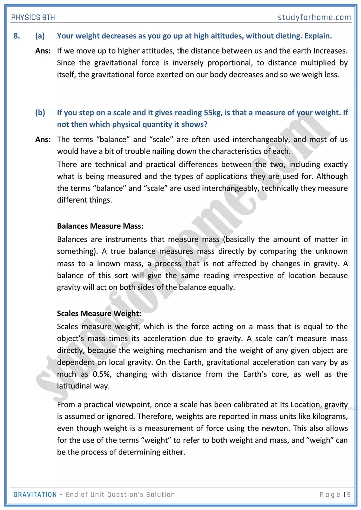 gravitation end of unit questions solution physics class 9th 09