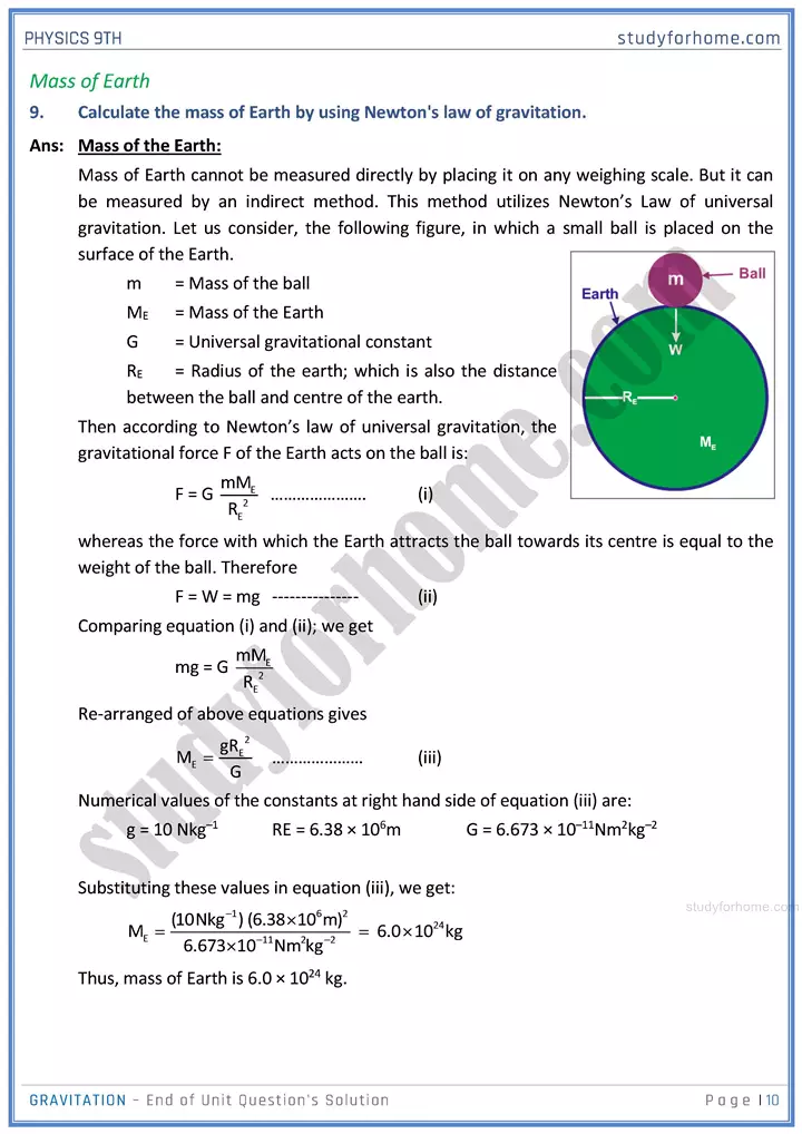 gravitation end of unit questions solution physics class 9th 10