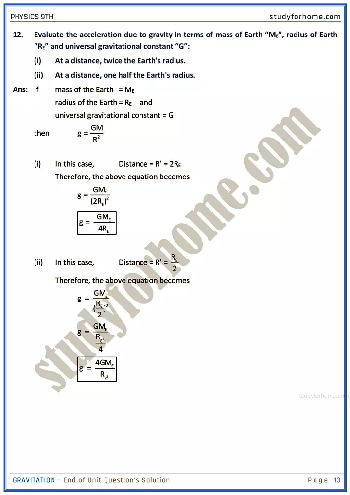 gravitation end of unit questions solution physics class 9th 13