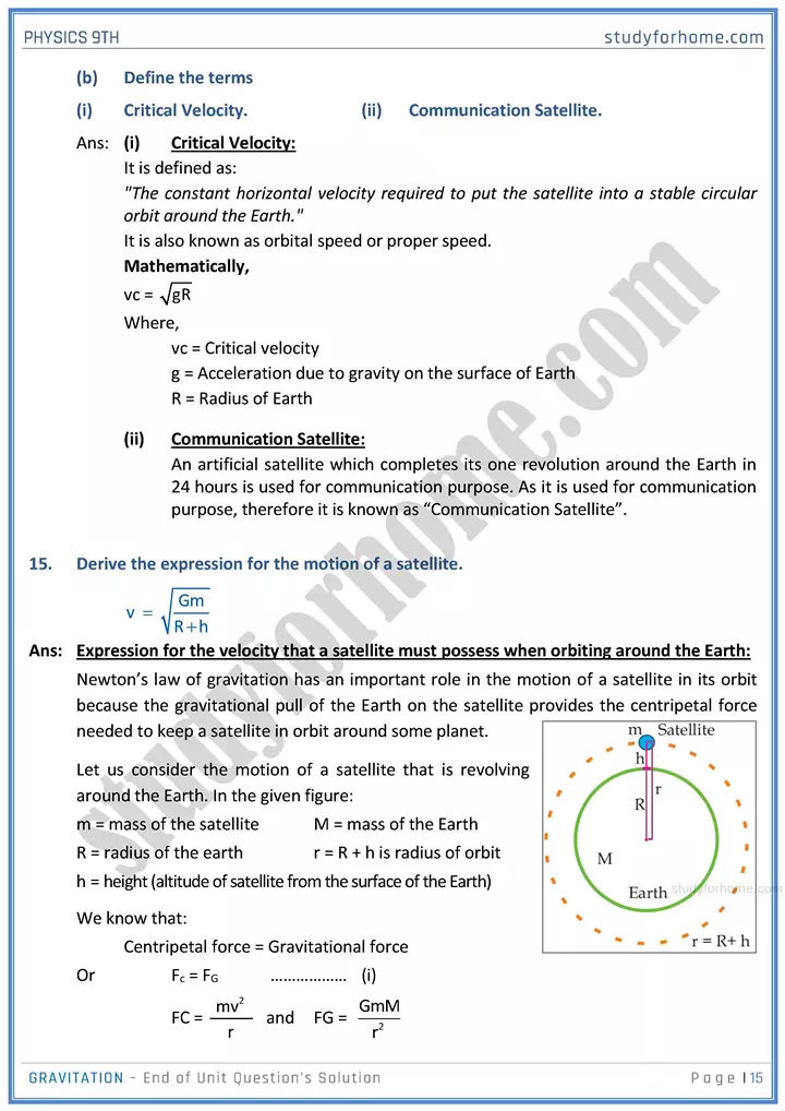 gravitation end of unit questions solution physics class 9th 15