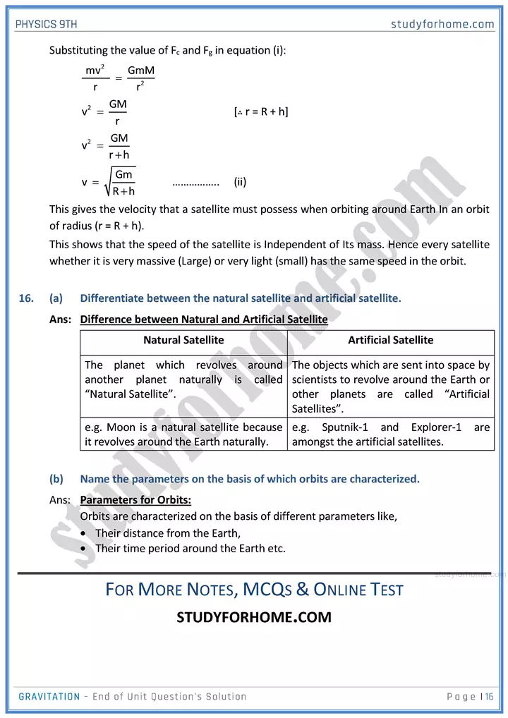 gravitation end of unit questions solution physics class 9th 16