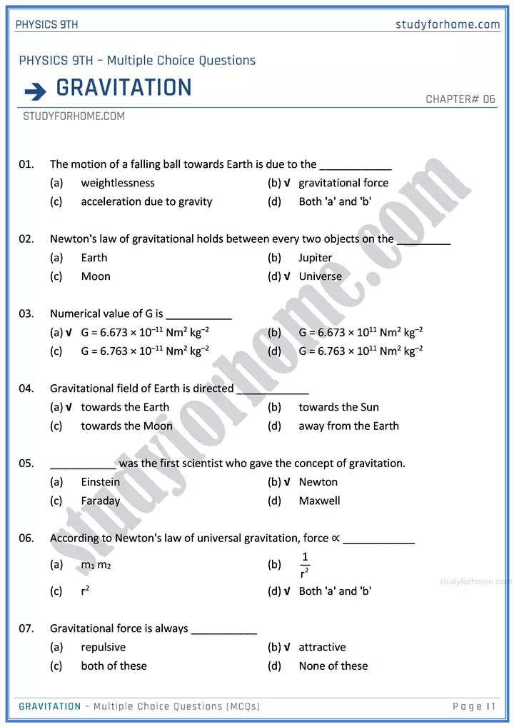 gravitation-multiple-choice-questions-physics-class-9th