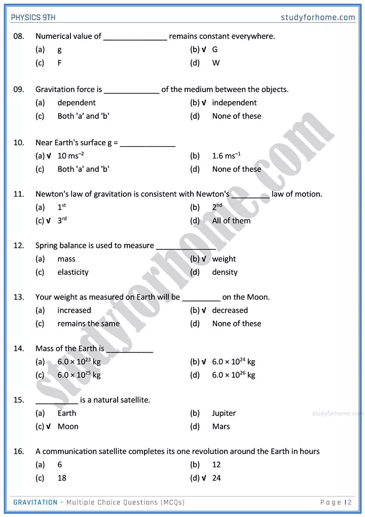 gravitation multiple choice questions physics class 9th 02