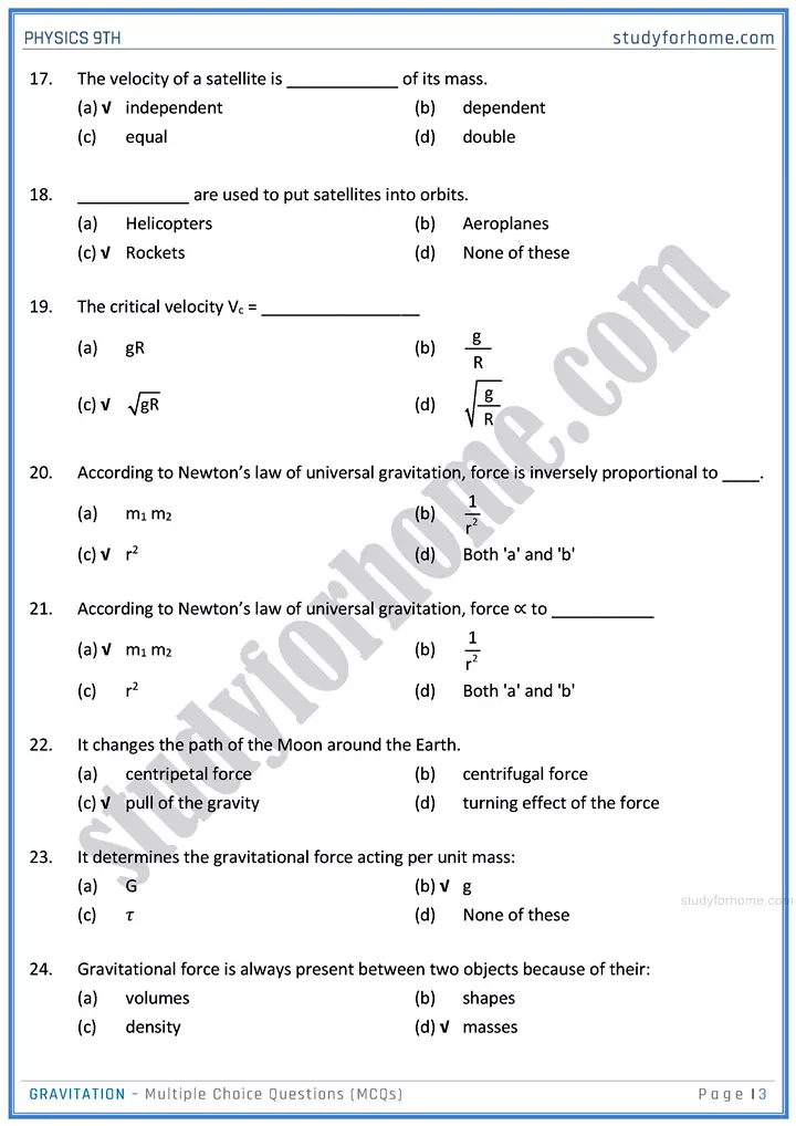 gravitation multiple choice questions physics class 9th 03