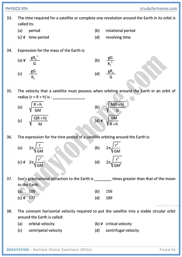 gravitation multiple choice questions physics class 9th 05