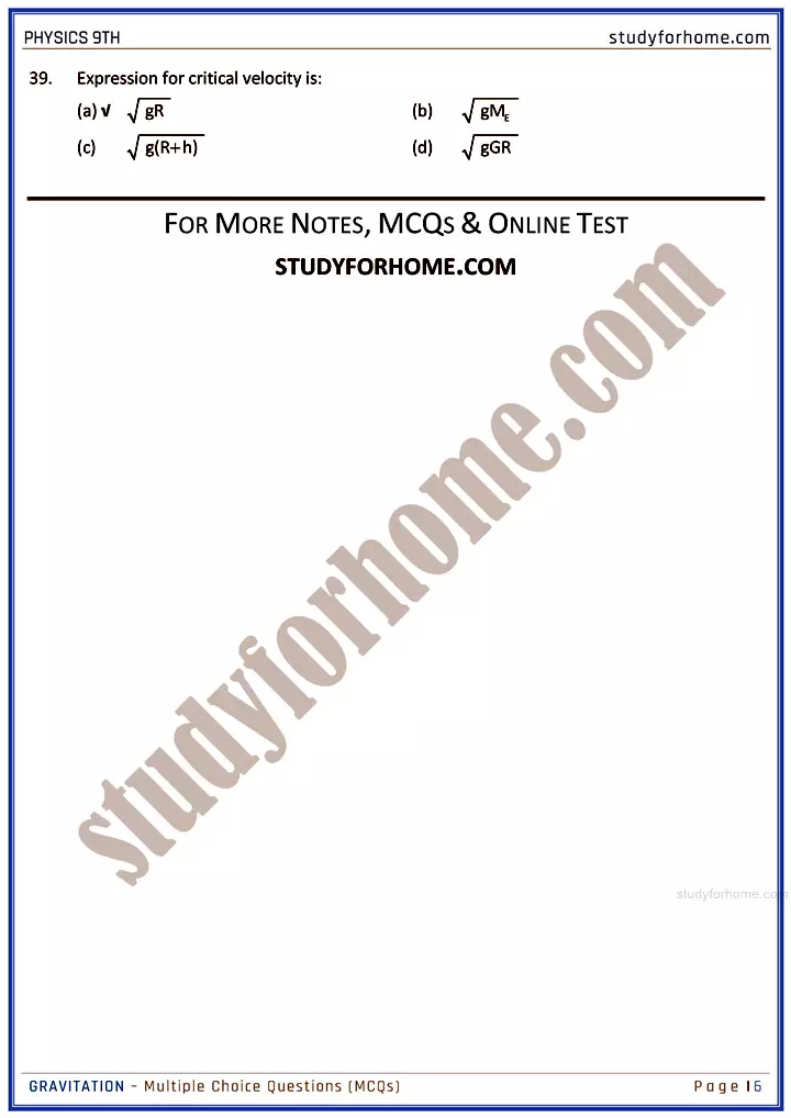 gravitation multiple choice questions physics class 9th 06