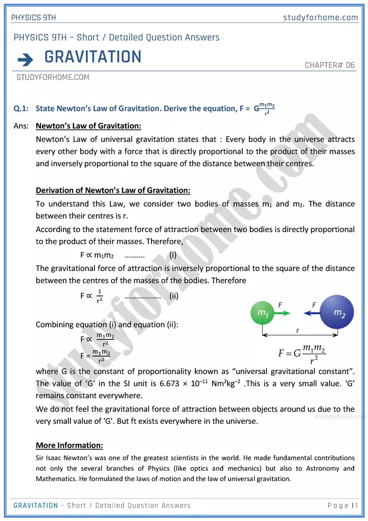 gravitation short and detailed answer questions physics class 9th 01