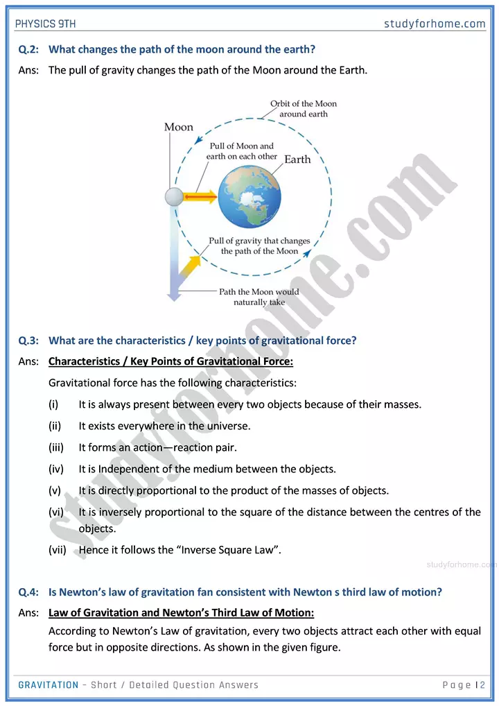 gravitation short and detailed answer questions physics class 9th 02