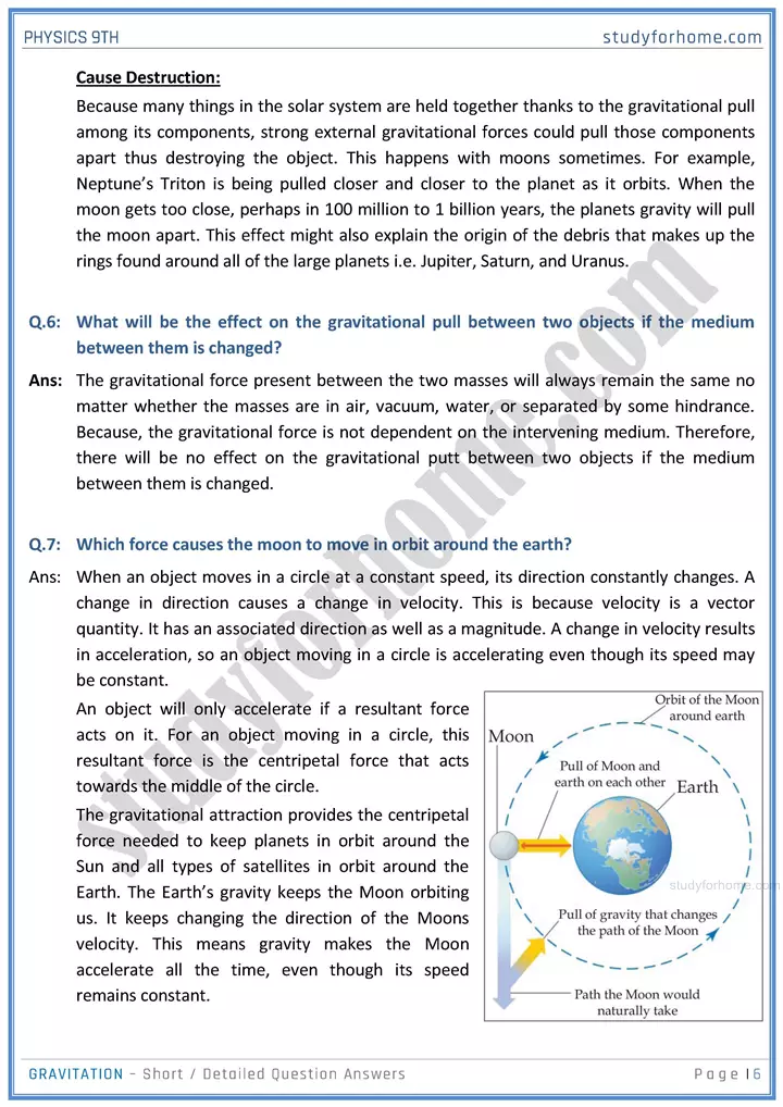 gravitation short and detailed answer questions physics class 9th 06