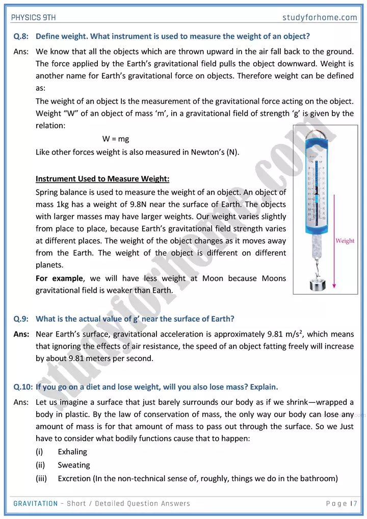 gravitation short and detailed answer questions physics class 9th 07