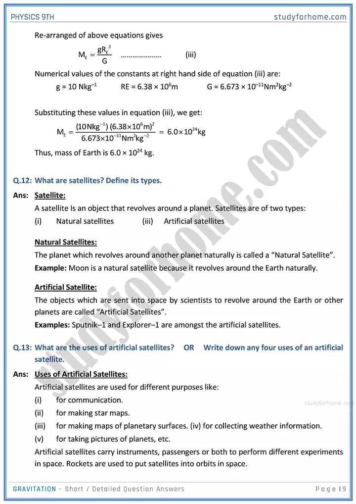 gravitation short and detailed answer questions physics class 9th 09