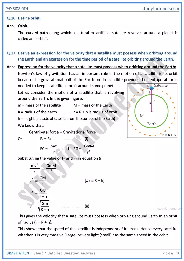 gravitation short and detailed answer questions physics class 9th 11