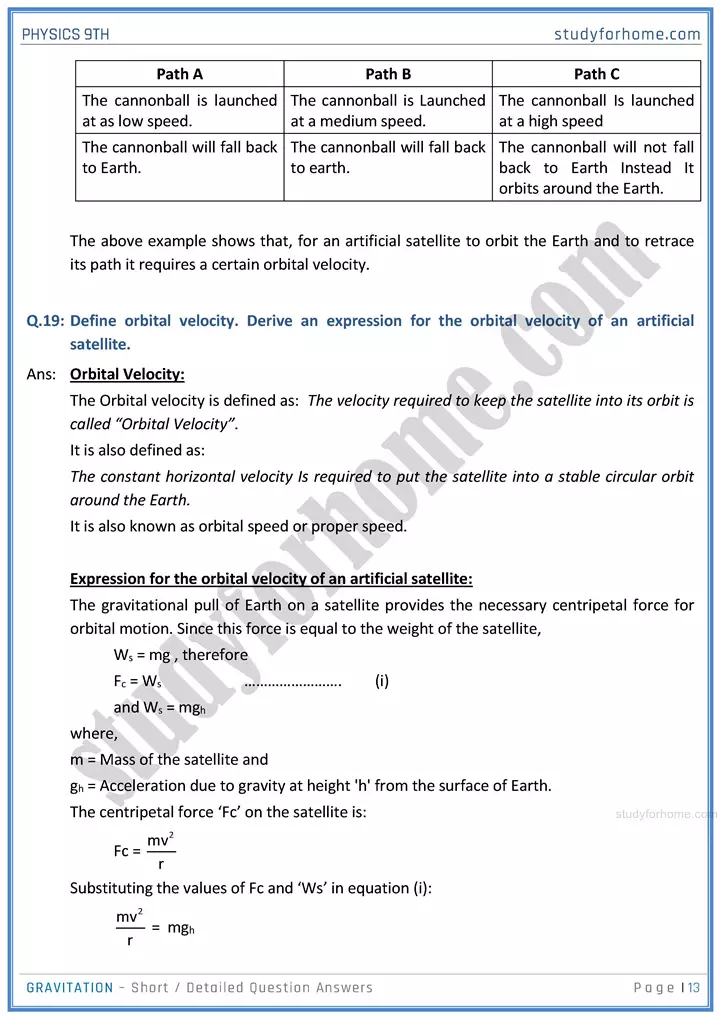 gravitation short and detailed answer questions physics class 9th 13